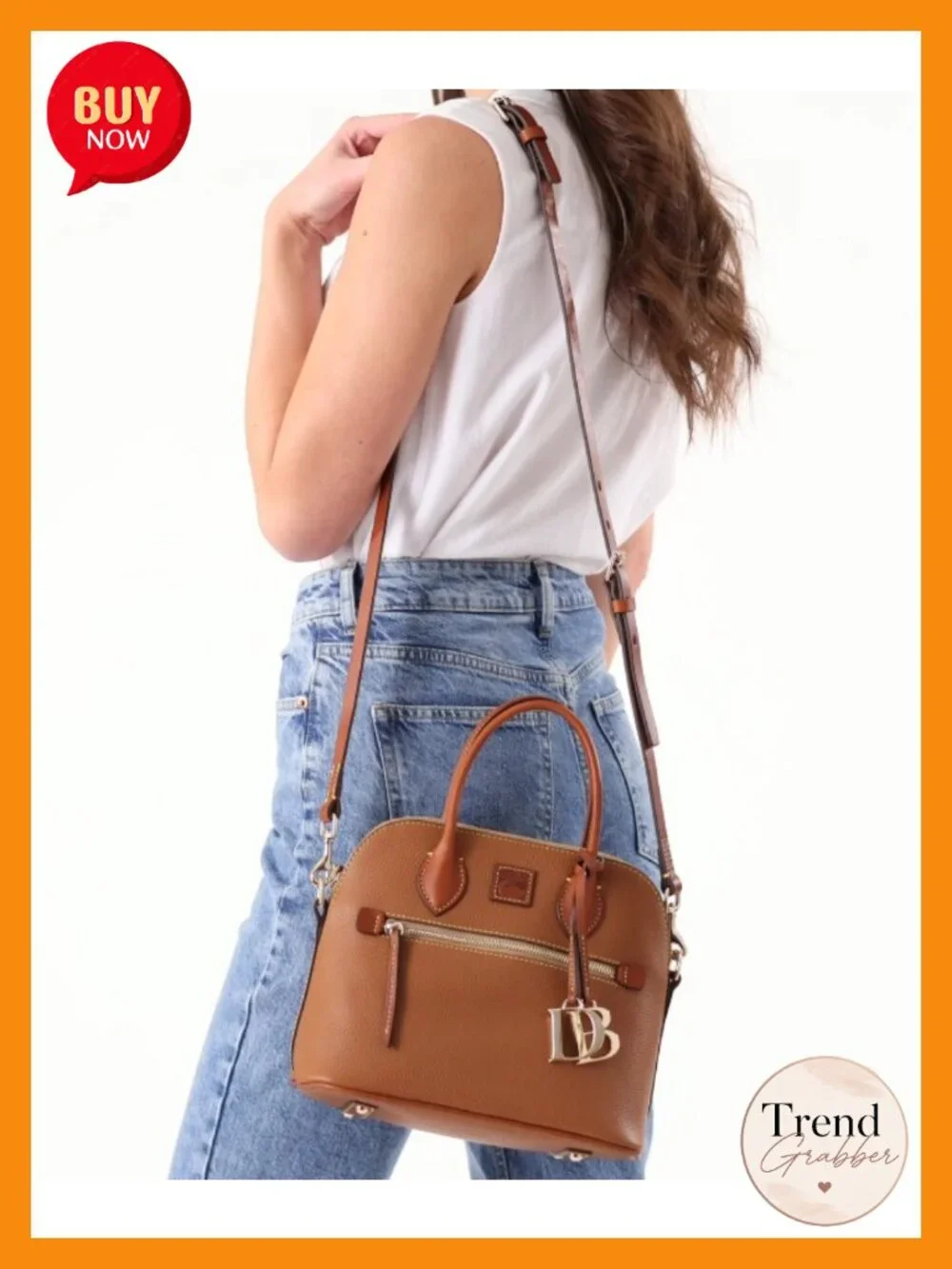 Large Pebble Grain Leather Domed Satchel Handbag with Shoulder Strap